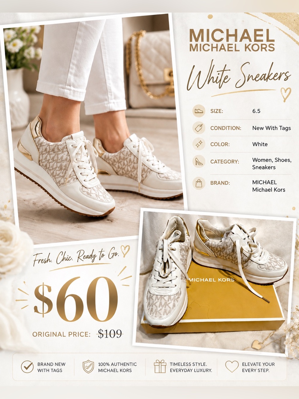 MICHAEL Michael Kors White and Gold Logo Wedge Sneakers